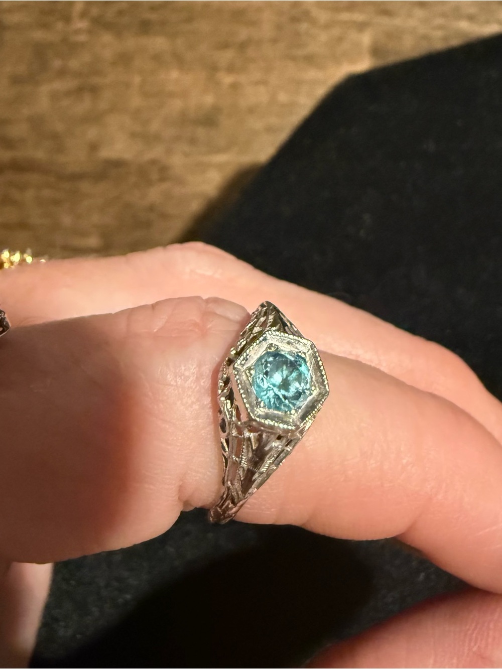 Antique Art Deco Filigree 14k White Gold Aqua Blue Tourmaline Sz 7 Ring Paraiba